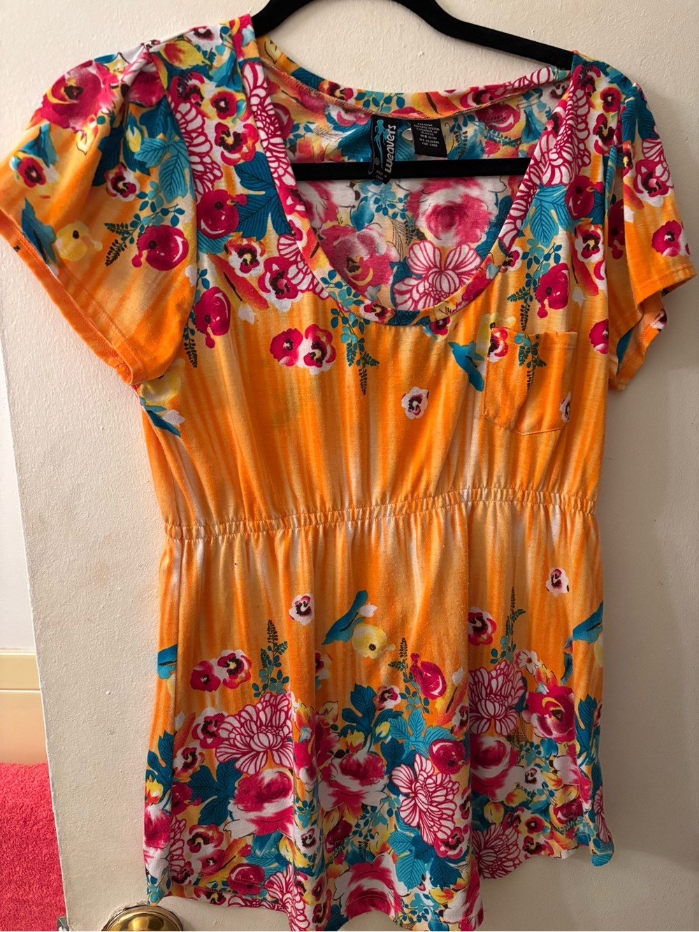 Bright Yellow Floral Scoop-Neck Tunic Top with Pink & Teal Accents